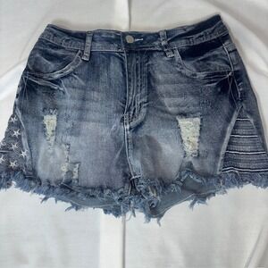 Women Distressed Denim Shorts Star Striped Patriotic Embroidered Raw Hem Large